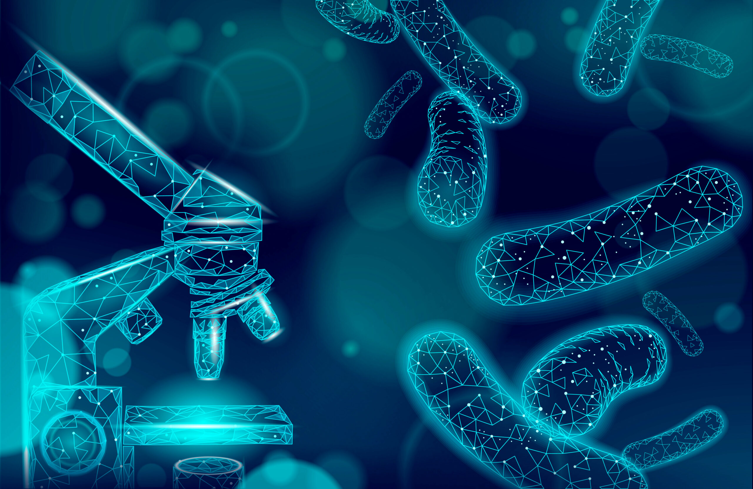 Bacteria microscope 3D low poly render probiotics. Healthy normal digestion flora of human intestine yoghurt production. Modern science medicine allergy immunity thearment vector illustration